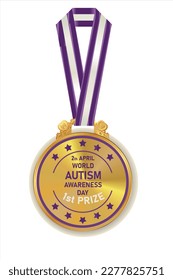 Gold medal with Purple and white ribbon. world autism day Champion golden trophy award with number one vector illustration. Prize in sport for winning first place in competition on white background.