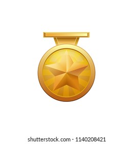 Gold Medal with realistic golden Star isolated on white background. Glossy 3D trophy star icon. Sport game challenge award. Vector illustration EPS 10 file.