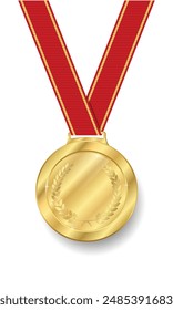 Gold medal Realistic shiny with red ribbon. Champion golden trophy award with laurel wreath glossy gold coin Prize in sport for winning first place in competition vector illustration isolated on white