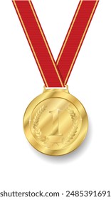 Gold medal Realistic shiny with red ribbon. Champion golden trophy award with No.1 and laurel wreath. glossy gold coin Prize in sport for winning first place in competition vector illustration.