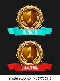 Gold medal with red and blue ribbon. Metallic winner award. Vector illustration.