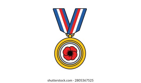 A gold medal with a red poppy emblem hanging from a blue white and red striped ribbon representing remembrance and honor