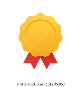 Gold medal with red ribbon. 1st place. Modern flat style vector illustration.