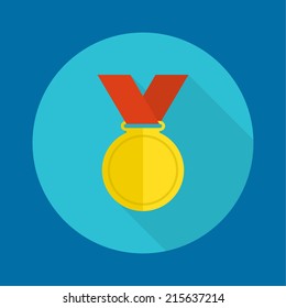 Gold medal with red ribbon. 