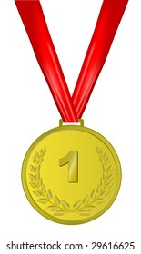 gold medal with red ribbon