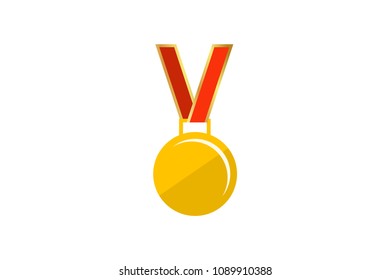 Gold Medal with red ribbon, achievement, award, champion.icon . vector illustration