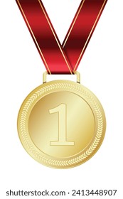 Gold medal. Gold medal with red ribbon. Design winner golden medal prize. Champion winner award medal