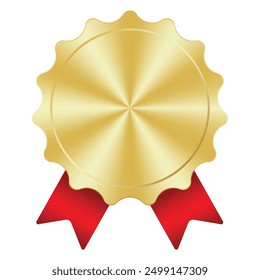 Gold medal. Gold medal with red ribbon. Design winner golden medal prize. Red ribbon award with gold medal. Vector illustration