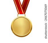 Gold medal with red ribbon first place vector illustration. Realistic isolated trophy medal with metal reward badge for winners and champions.