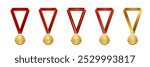 Gold medal with red ribbon first place vector illustration set. Realistic isolated trophy medals with different red and gold ribbons for winners and champions ceremony.