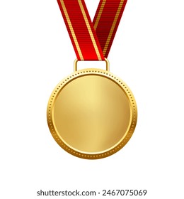 Gold medal with red ribbon first place vector illustration. Realistic isolated trophy medal with metal reward badge for winners and champions.