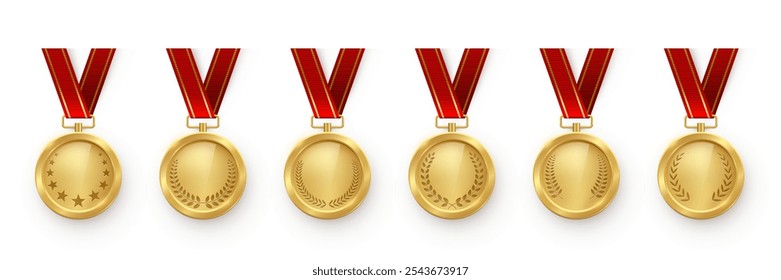 Medalla de oro con cinta roja primer lugar conjunto de Ilustración vectorial. Diferentes medallas de oro aisladas realistas con cinta roja para la ceremonia de ganadores y campeones.