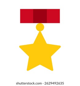 Gold medal with red ribbon first place. Gold trophy badge for award on isolated background. First place in competition. Trophy medal with red ribbon for winners and champions ceremony. Order