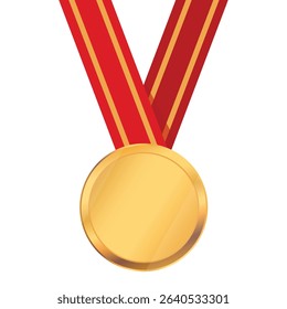 Gold medal with red ribbon first place isolated on white background. Realistic trophy medal with red ribbon for winners and champions ceremony. Vector illustration