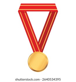 Gold medal with red ribbon first place isolated on white background. Realistic trophy medal with red ribbon for winners and champions ceremony. Vector illustration