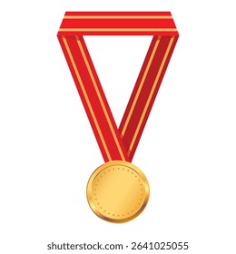Gold medal with red ribbon first place isolated on white background. Realistic trophy medal with red ribbon for winners and champions ceremony. Vector illustration