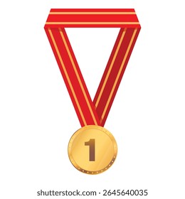 Gold medal with red ribbon first place isolated on white background. Realistic trophy medal with red ribbon for winners and champions ceremony. Vector illustration