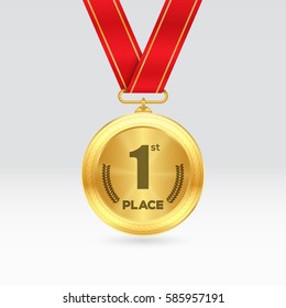 Gold Medal with Red Ribbon. Medal for first place. Vector Illustration