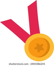 gold medal with red ribbon, flat icon 