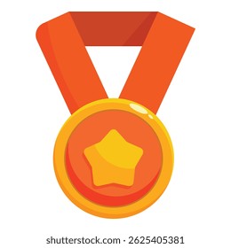 Gold medal with a red ribbon hanging representing first place and success in a competition