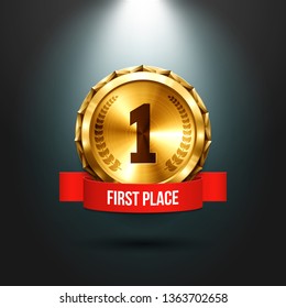 Gold medal with red ribbon illuminated by spotlights. Metallic winner award. Vector illustration.