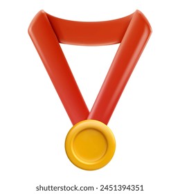 Gold medal with red ribbon isolated on white background. Cartoon winner symbol in realistic cute 3d style. Vector illustration.