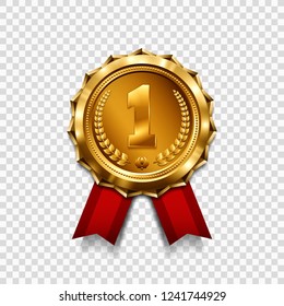 Gold medal with red ribbon. Metallic winner award. Vector illustration.