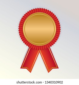 Gold medal with red ribbon. Metallic winner award. Vector illustration