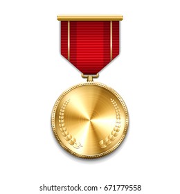 Gold medal with red ribbon. Metallic winner award. Vector illustration.