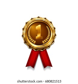 Gold medal with red ribbon. Metallic winner award. Vector illustration.