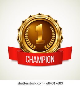 Gold medal with red ribbon. Metallic winner award. Vector illustration.