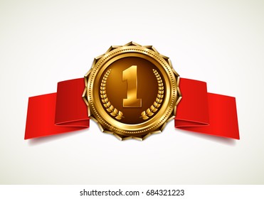 Gold medal with red ribbon. Metallic winner award. Vector illustration.