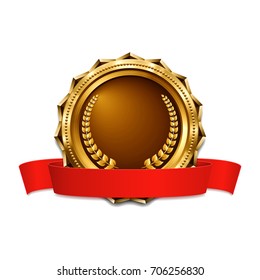 Gold medal with red ribbon. Metallic winner award. Vector illustration.