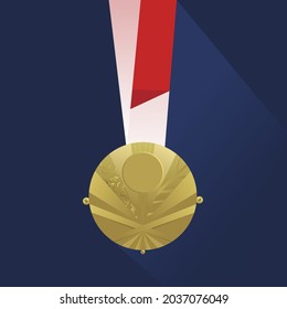 Gold medal with red ribbon on blue background, vector illustration