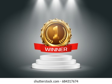 Gold Medal With Red Ribbon On A White Podium. Metallic Winner Award. Vector Illustration.