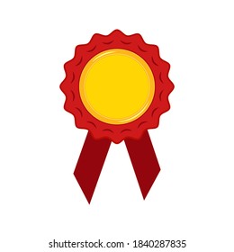 Gold medal with red ribbon and rosette isolated on white background. Champion golden badge - circle winner trophy empty for your design. Vector flat cartoon style medallion illustration.