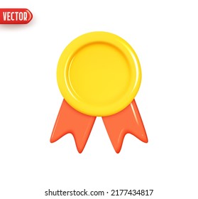 Gold medal with red ribbon. Round Achievement Award. Realistic 3d design element In plastic cartoon style. Icon isolated on white background. Vector illustration