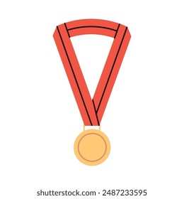 Gold medal and red ribbon, school award medal, competition or contest winner, gold medal badge, award for winner, metal symbol of success, championship triumph on background flat vector illustration.