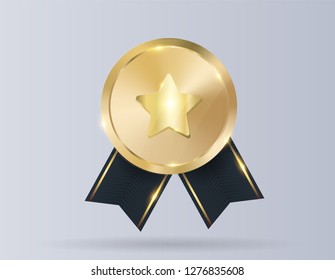 Gold medal with red ribbon, star for first place. Trophy, winner award isolated on background. Golden badge icon. Sport, business achievement, victory concept. Vector illustration EPS10