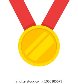 Gold medal with red ribbon vector icon, flat cartoon golden medallion award hanging isolated on white