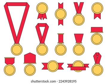 Gold medal with red ribbon vector illustration in flat style