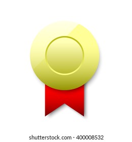 Gold medal. Red ribbon. Vector illustration.
