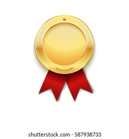 Gold Medal With Red Ribbon. Vector Illustration