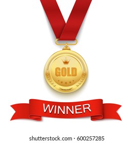 Gold medal with red ribbon. Vector illustration