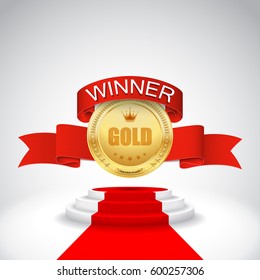 Gold medal with red ribbon. Vector illustration
