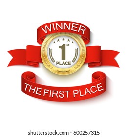 Gold medal with red ribbon. Vector illustration
