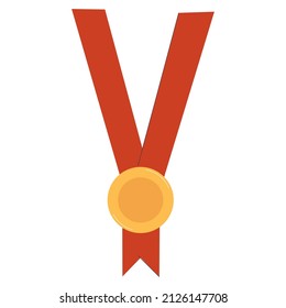 Gold medal with red ribbon for the winner. First Place Champion Award. Medal icon on a white background. Flat vector illustration. Eps10