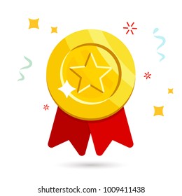 Gold medal with red ribbons isolated on white background with fireworks. Vector illustration in flat style.