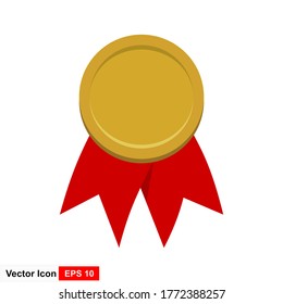 Gold medal with red ribbons isolated on white background. Vector illustration in flat style.