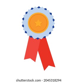 Gold medal with red ribbons on a white background. The concept of reward and victory.